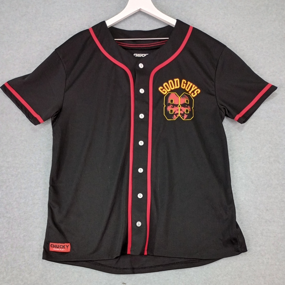 Chucky Child's Play Good Guy Viral Tok Tok Jersey Button Down Black Red Yellow